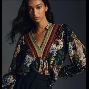 NWT Bl^nk London Anthropologie Stephanie Floral Blk Motif Long Sleeve Top Sz S